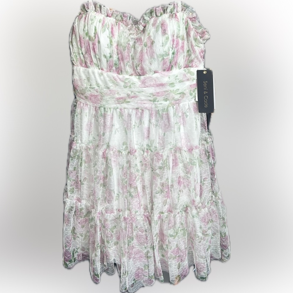 White Strapless Mini Dress with Pink Floral Print